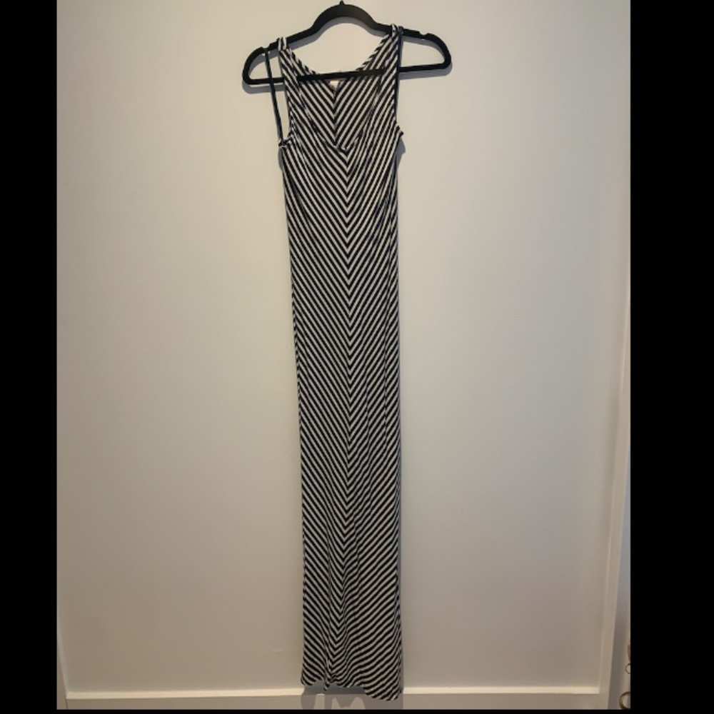 Blue and White Diagonal Stripe Maxi Dress